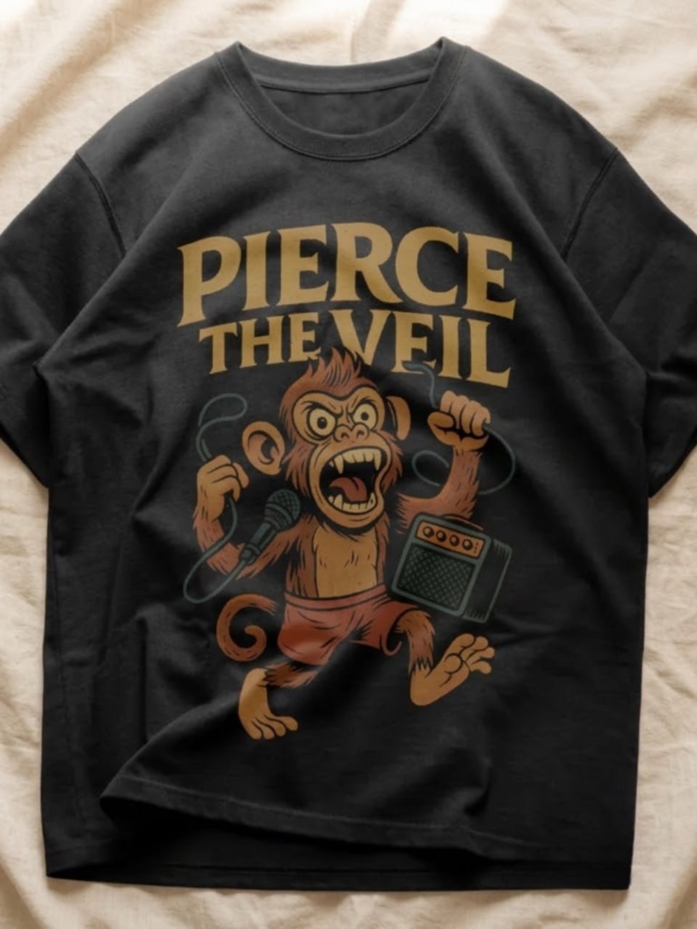 Gildan Black Tee with Gold 'PIERCE THE VEIL' Text and Multicolor Monkey Art